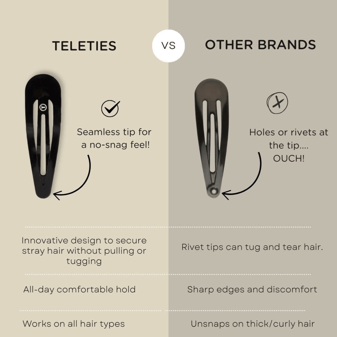 TELETIES brown snap clips (6Ct) with seamless tip for no snag feel. Metal hair barrettes for secure hold. Perfect neutral option for brunette hair.