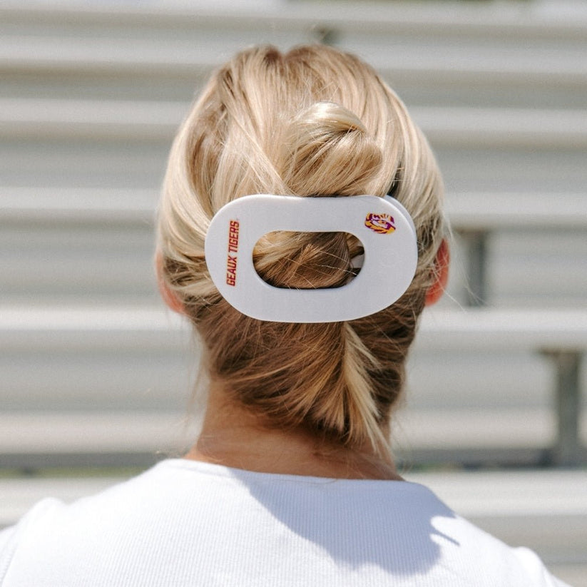 TELETIES - Geaux Tigers! Large Flat Round Hair Clip in White Purple Gold - Large - Image 4