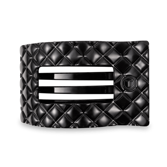 Jet Black Quilted Large Flat Rectangle Hair Clip in Black - Large