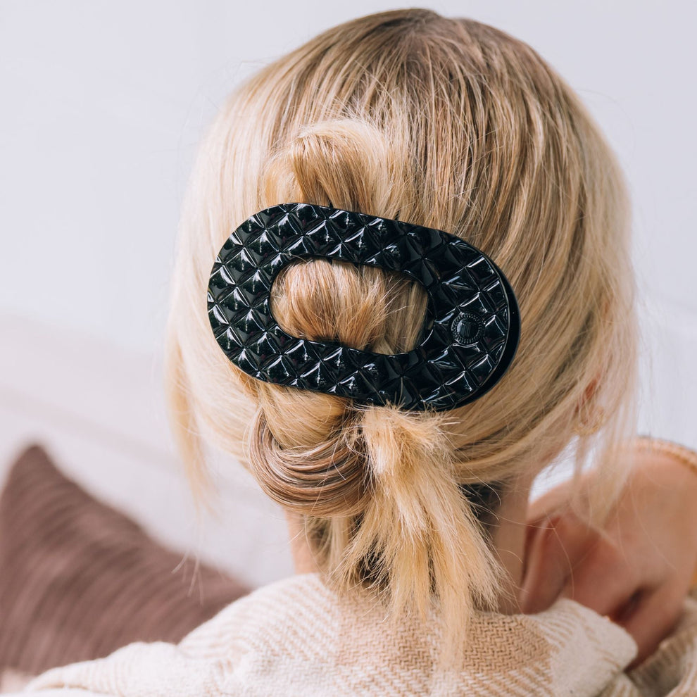Jet Black Quilted Large Flat Round Hair Clip - Hair Clips - TELETIES
