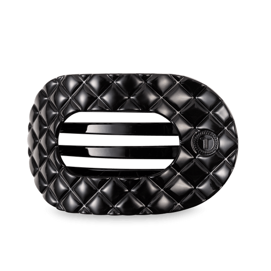 Jet Black Quilted Large Flat Round Hair Clip in Black - Large