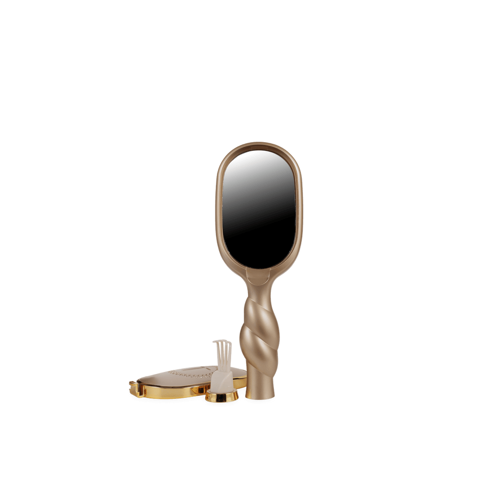 TELETIES Golden Glow mini boar bristle hair brush with built-in mirror, removable cap and bristle cleaner tool
