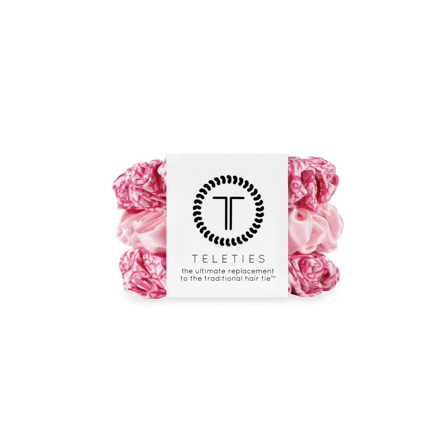 TELETIES - Pink Ribbon Power Small Silk Scrunchies in Pink - Small