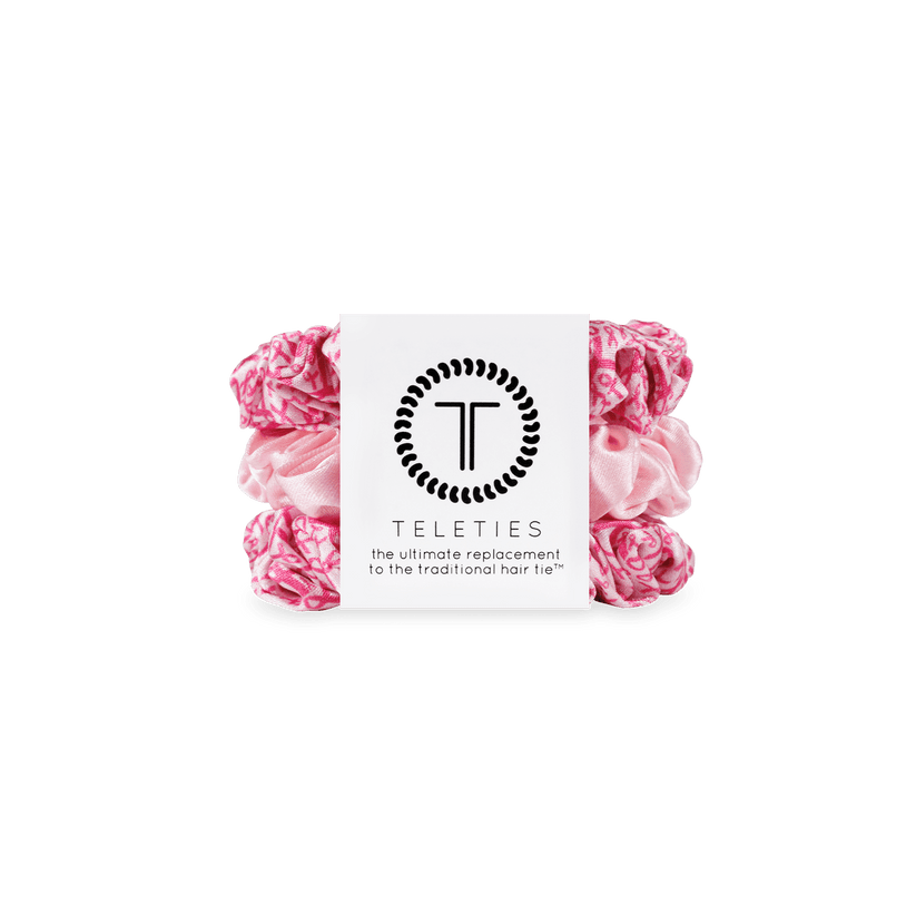 TELETIES - Pink Ribbon Power Small Silk Scrunchies in Pink - Small - Image 1
