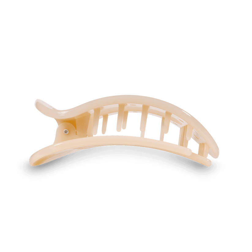 TELETIES Almond Beige Small Flat Round Hair Clip with bendable teeth for a secure hold. Lightweight and durable. In a neutral tan color- perfect to blend in with blonde hair.
