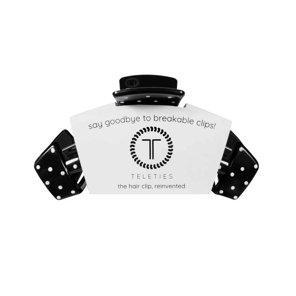 TELETIES medium hair claw clip in glossy black with white polka dots
