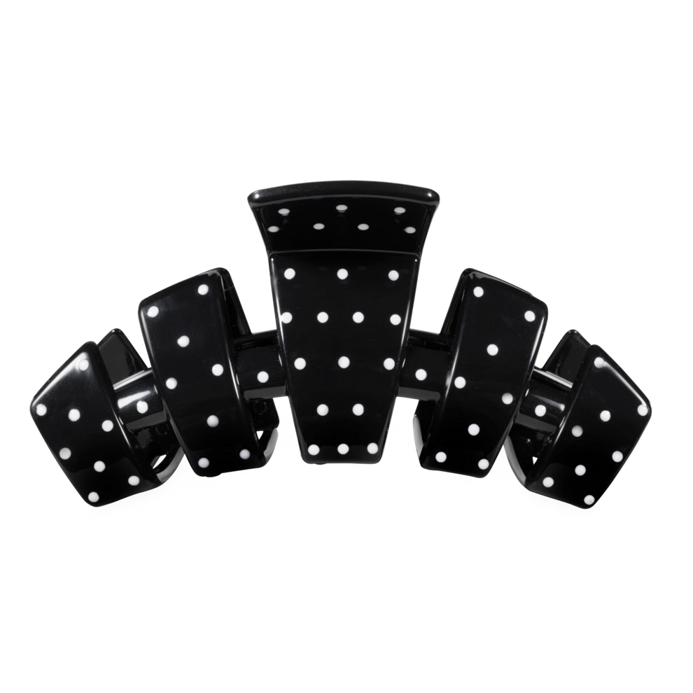 TELETIES large hair claw clip in glossy black with a white polka dot pattern, designed for secure styling.
