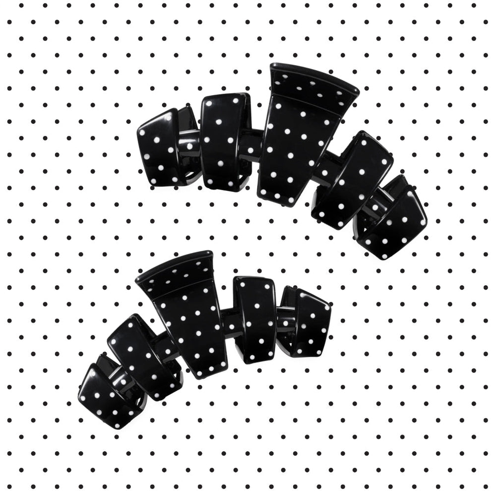 TELETIES large nearly unbreakable claw clips in black with a white polka dot pattern - trendy and durable

