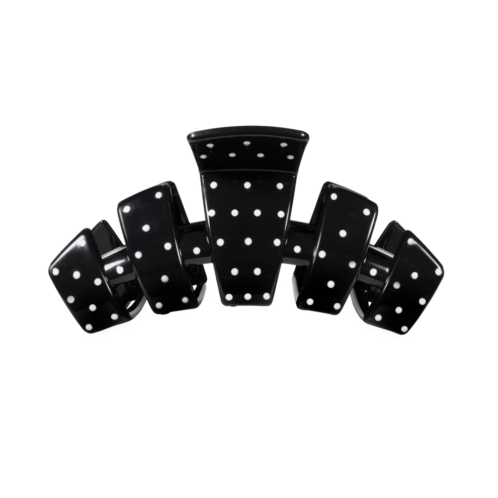 TELETIES medium hair claw clip in glossy black with a white polka dot print and flexible, durable teeth.
