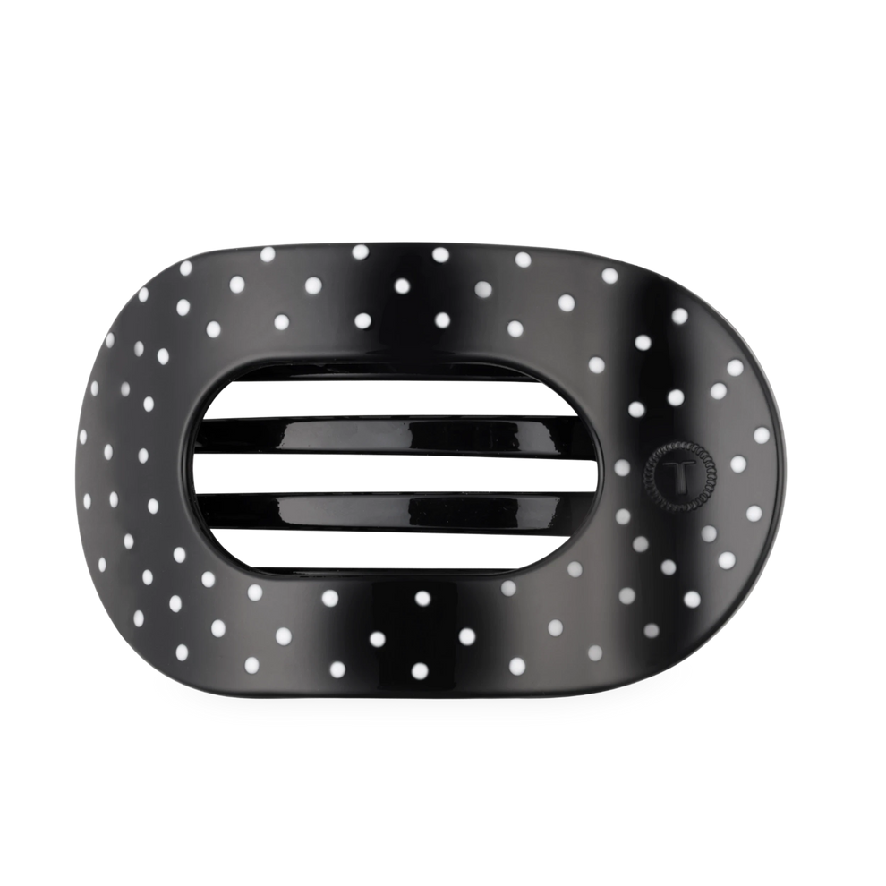 TELETIES large flat round hair clip in black with white polka dot print for thick or long hair
