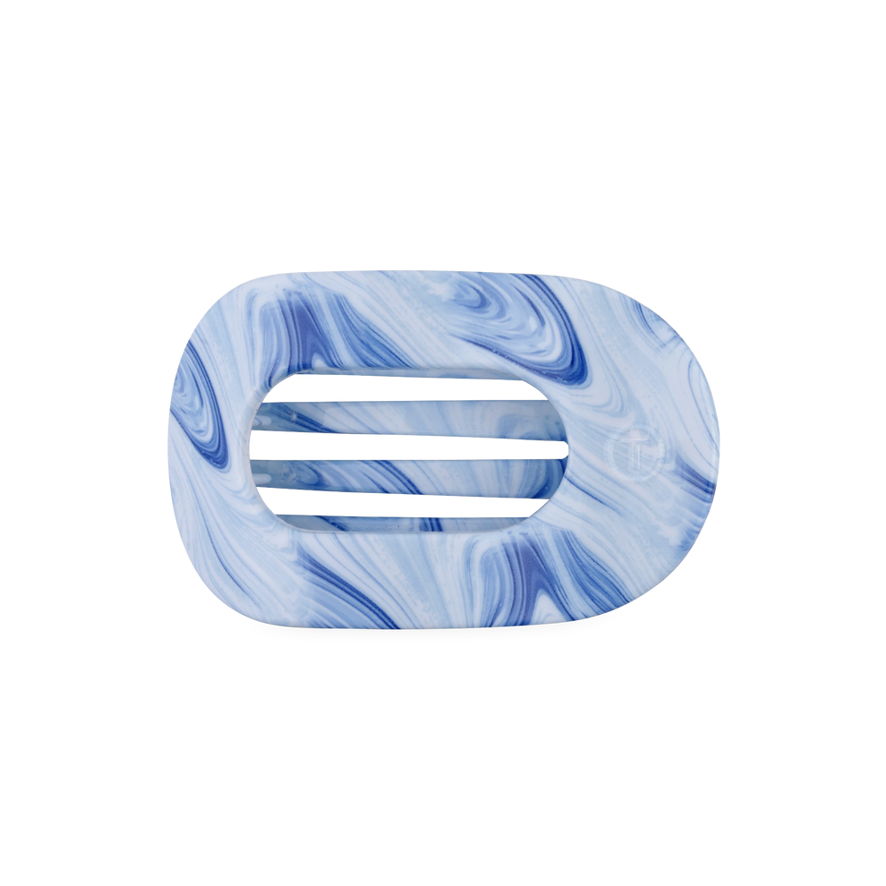 TELETIES blue marbled medium flat round hair clip with bendable teeth for a secure hold.
