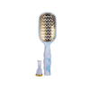 TELETIES blue and white tie-dye vented hair brush with gold accents and a detachable cleaning tool.

