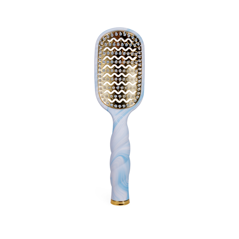 TELETIES blue and white marble vented hair brush with gold plate and wavy bristles
