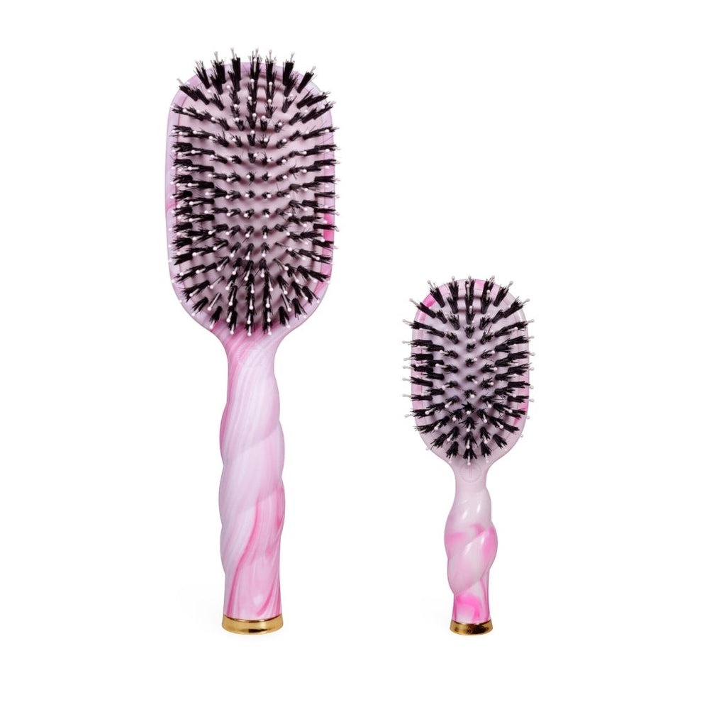 TELETIES Pinch Me! Boar Bristle Hair Brush Bundle featuring two pink tie-dye brushes with gold accents.
