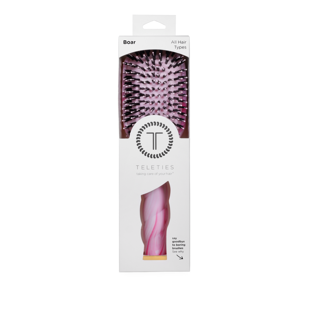 TELETIES Boar Bristle Hair Brush with pink tie-dye handle and black bristles for all hair types.
