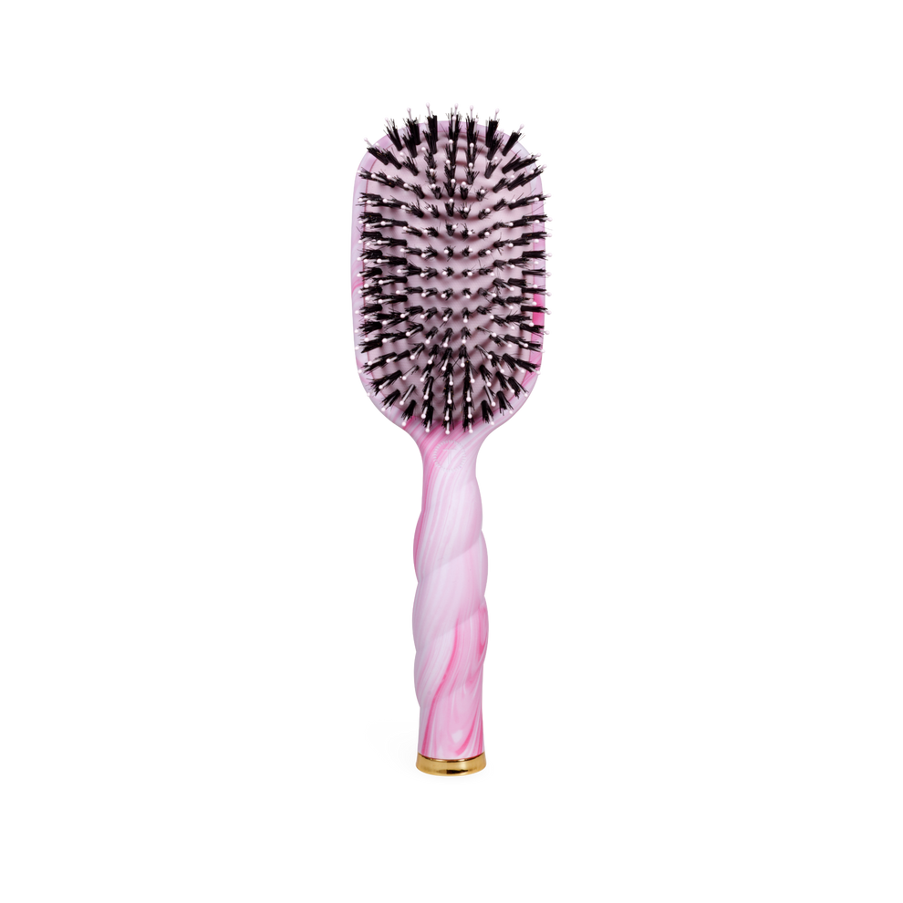 TELETIES pink and white tie-dye boar bristle hair brush with nylon bristles and gold accent.
