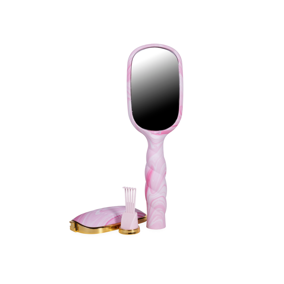 TELETIES pink tie-dye boar bristle hair brush with built-in mirror and comb, ideal for styling and grooming.
