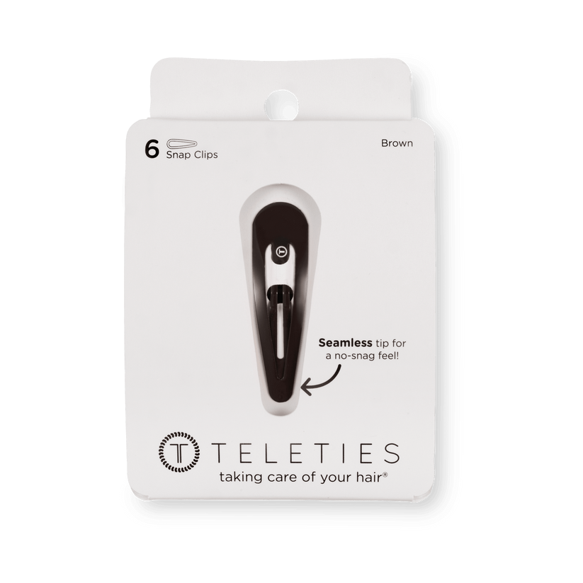 TELETIES brown snap clips (6Ct) with seamless tip for no snag feel. Metal hair barrettes for secure hold. Perfect neutral option for brunette hair.
