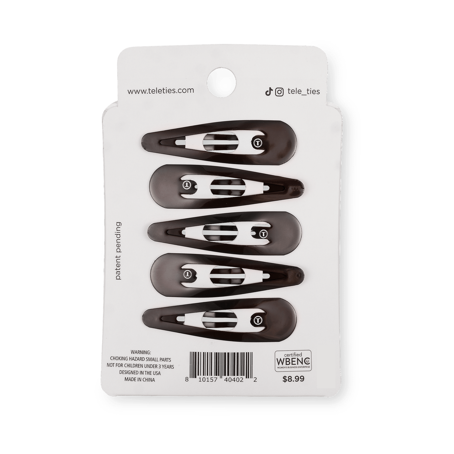 TELETIES brown snap clips (6Ct) with seamless tip for no snag feel. Metal hair barrettes for secure hold. Perfect neutral option for brunette hair.
