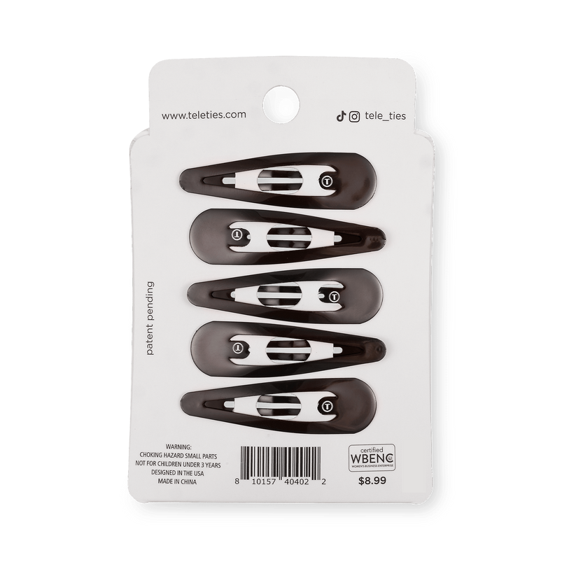 TELETIES brown snap clips (6Ct) with seamless tip for no snag feel. Metal hair barrettes for secure hold. Perfect neutral option for brunette hair.
