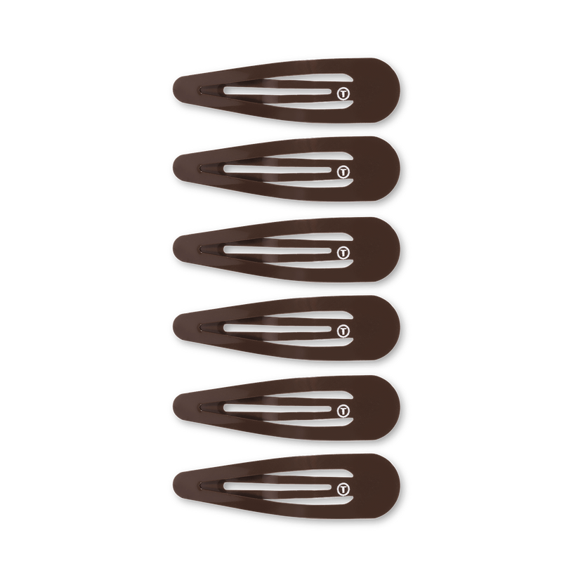 TELETIES brown snap clips (6Ct) with seamless tip for no snag feel. Metal hair barrettes for secure hold. Perfect neutral option for brunette hair.
