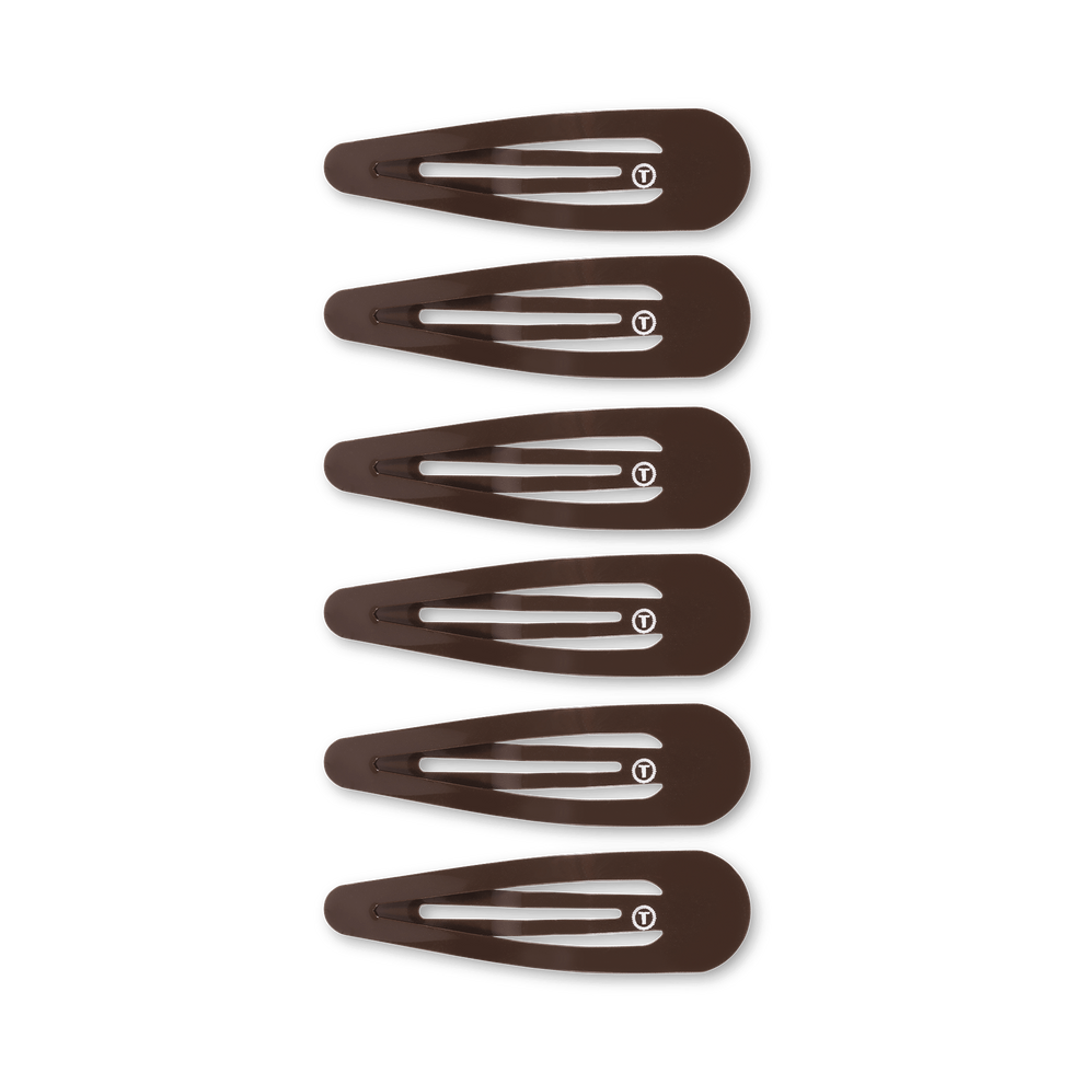 TELETIES brown snap clips (6Ct) with seamless tip for no snag feel. Metal hair barrettes for secure hold. Perfect neutral option for brunette hair.
