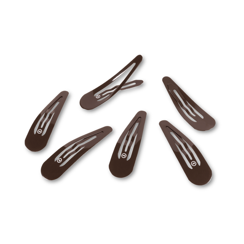 TELETIES brown snap clips (6Ct) with seamless tip for no snag feel. Metal hair barrettes for secure hold. Perfect neutral option for brunette hair.
