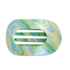 TELETIES By the Sea Shore large flat round hair clip in green with blue and yellow swirls. Bendable teeth.
