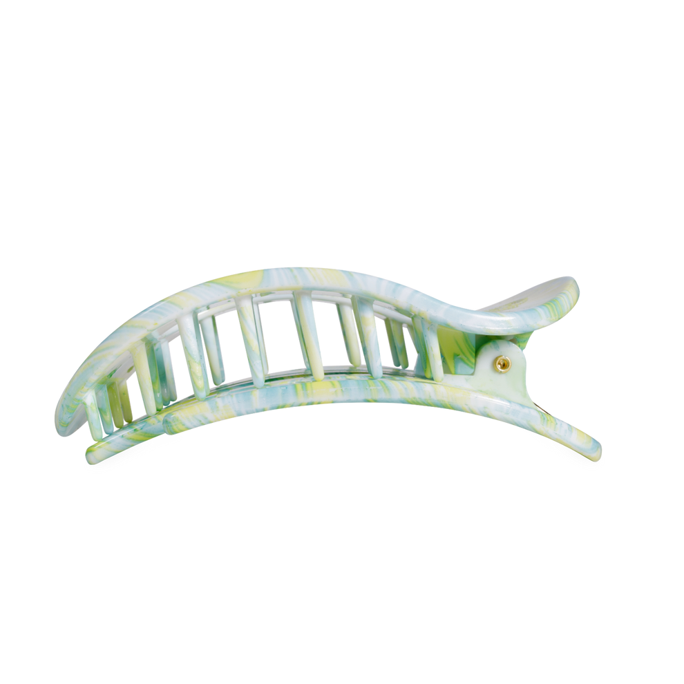 TELETIES By the Sea Shore large flat round hair clip in green, blue, and yellow marbled acetate. Bendable teeth.
