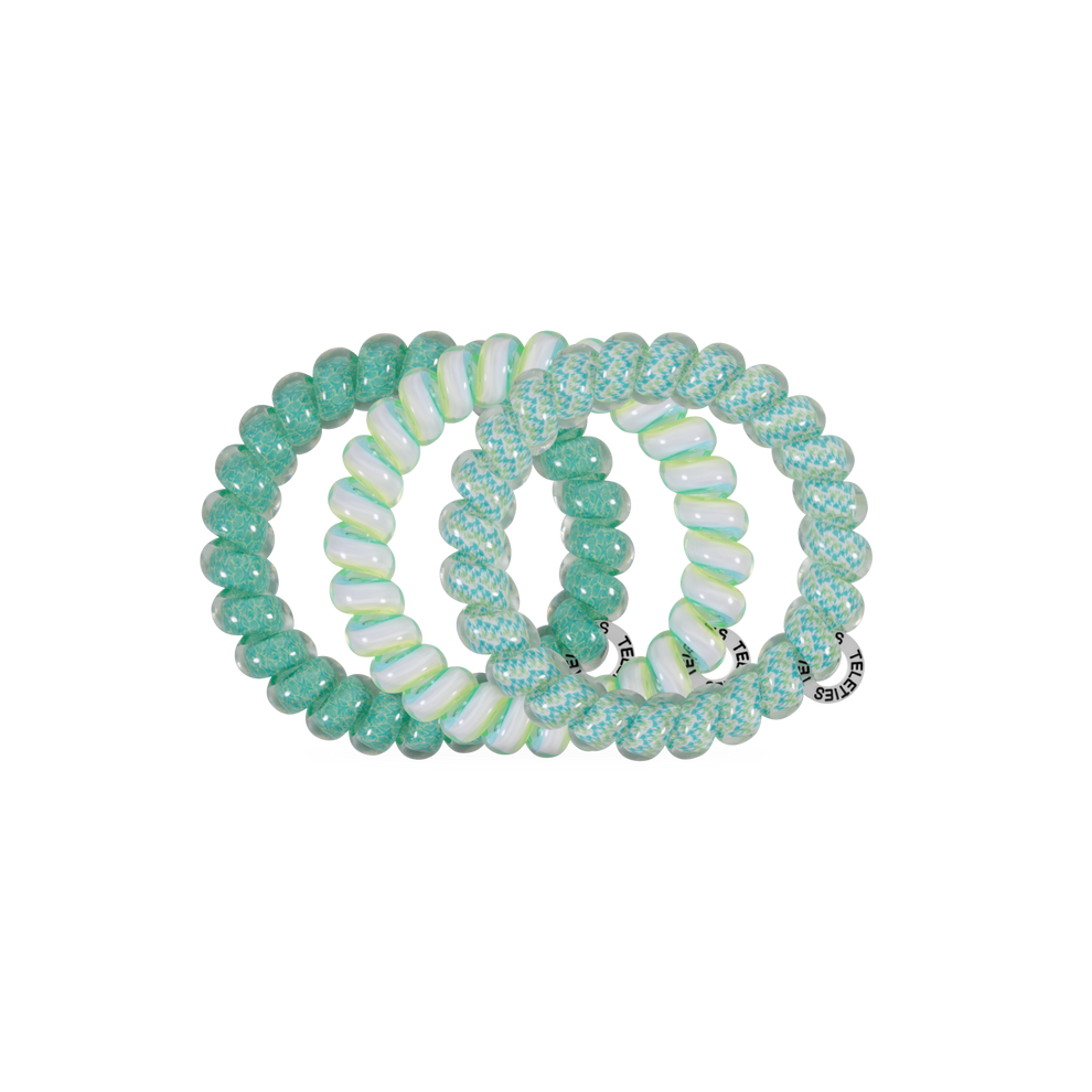 TELETIES By the Sea Shore large green spiral hair ties, sold in packs of three. Gentle on hair, waterproof.
