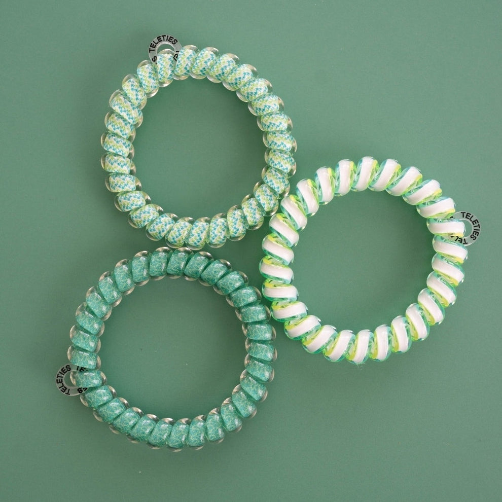 TELETIES By the Sea Shore large spiral hair ties in green, aqua, and white with yellow accents. Pack of 3.
