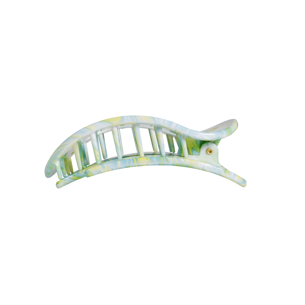 TELETIES By the Sea Shore Medium Flat Round Hair Clip in green with a marbled pattern. Designed for comfortable wear.
