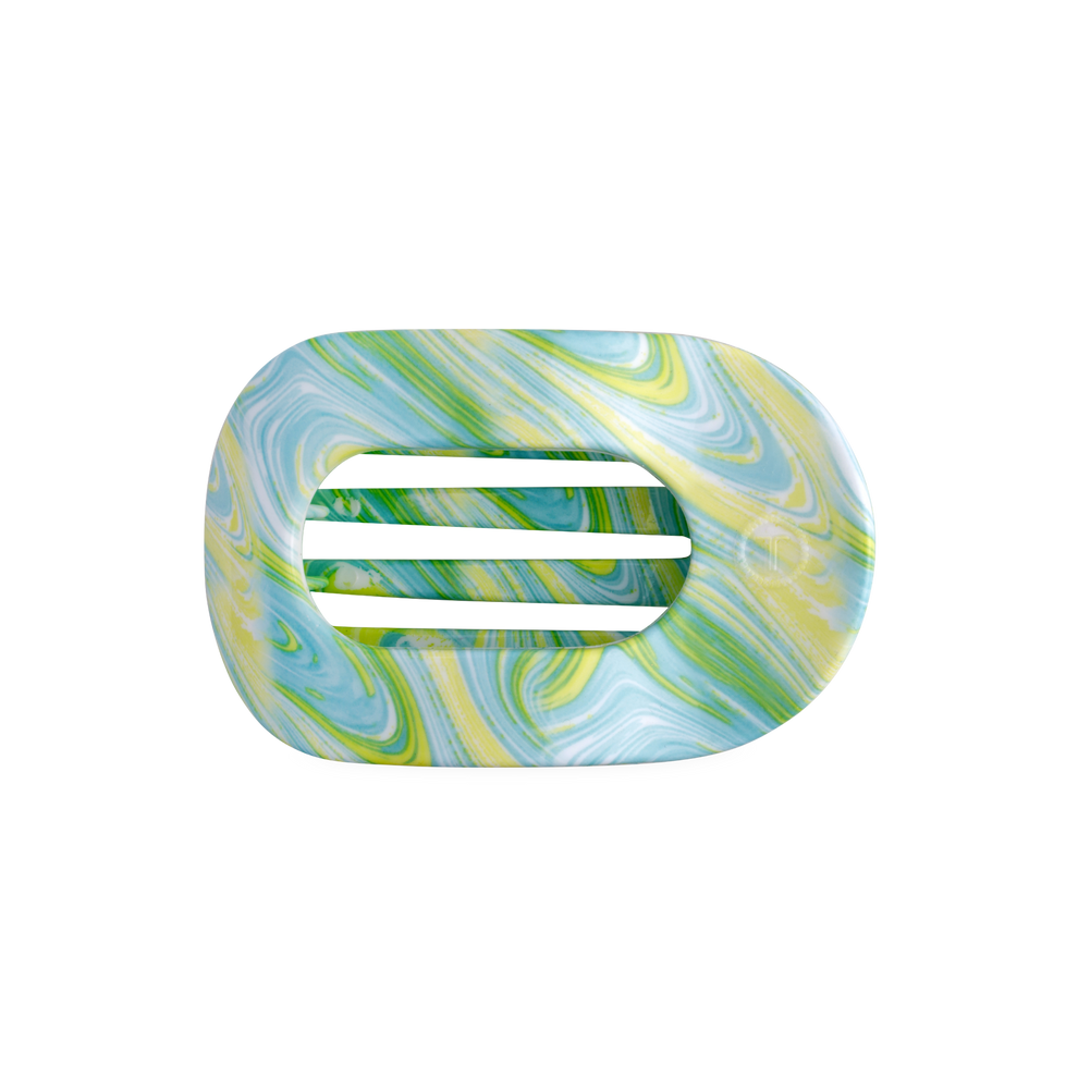 TELETIES By the Sea Shore medium flat round hair clip in green, blue, and yellow marbled design.
