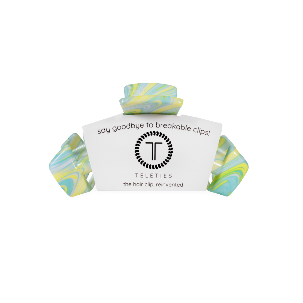 TELETIES By the Sea Shore small claw clip in swirled blue, yellow, and green. Durable, lightweight hair clip.
