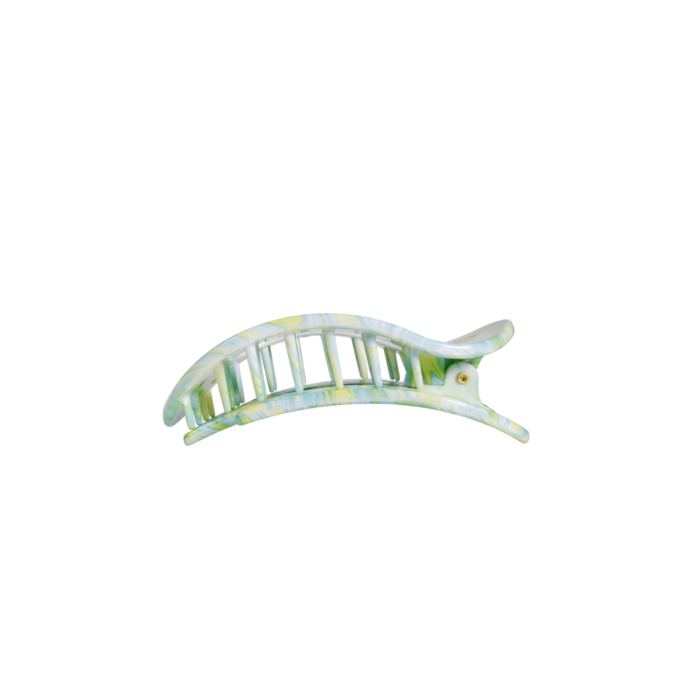 TELETIES By the Sea Shore small flat round hair clip in green with a marbled pattern. Bendable teeth for a secure hold.
