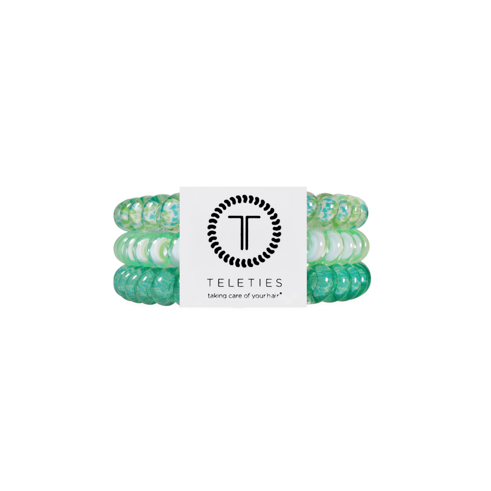 TELETIES By the Sea Shore small green hair ties, pack of 3. Spiral design, waterproof, gentle on hair.
