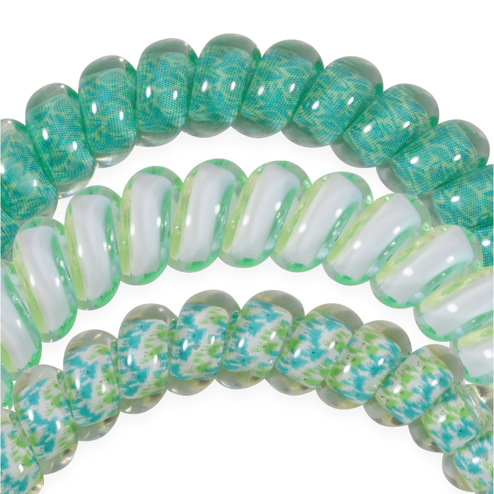 TELETIES By the Sea Shore small hair ties in green and white with a subtle pattern. Pack of 3.
