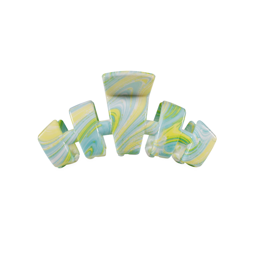 TELETIES Classic By the Sea Shore Small Claw Clip in swirled yellow, blue, and white. Durable, lightweight hair accessory.
