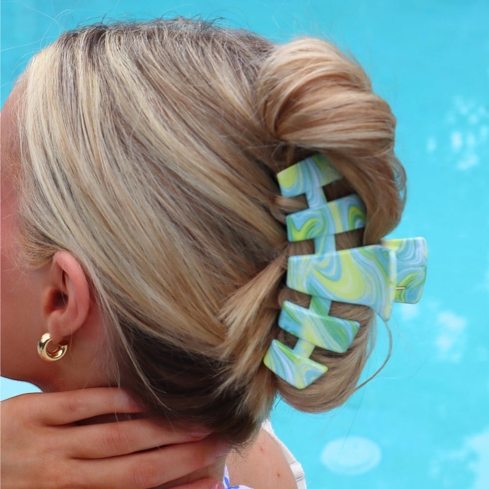 TELETIES Classic By the Sea Shore Large Claw Clip in green with blue swirls
