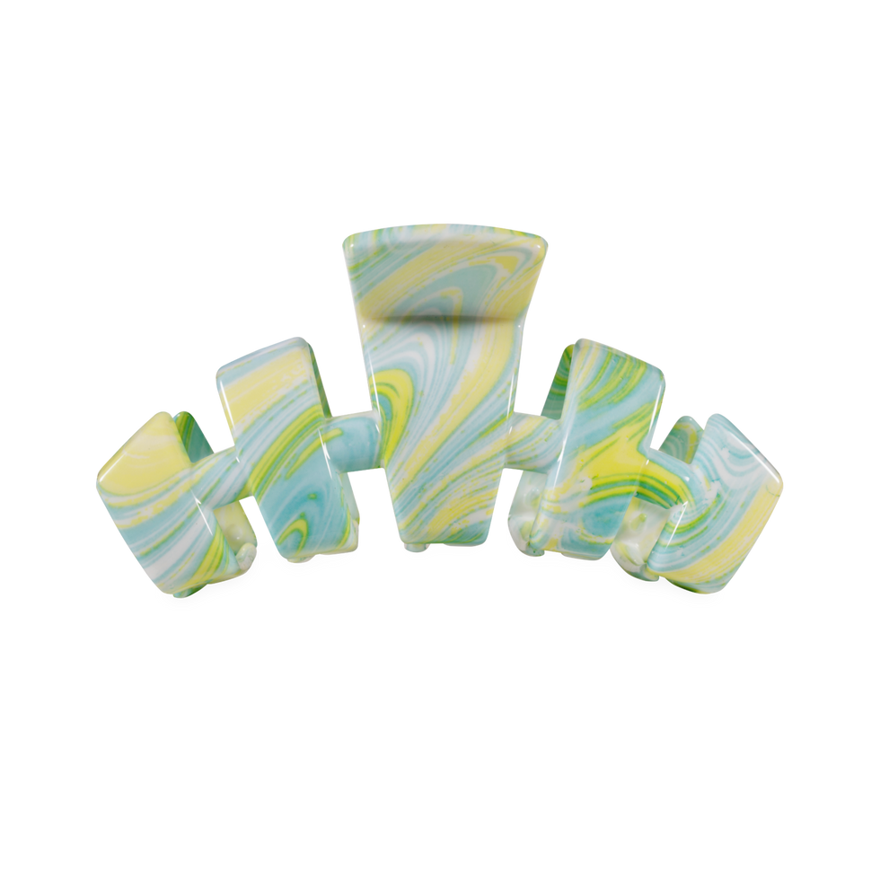 TELETIES Classic By the Sea Shore Medium Claw Clip in swirled yellow, blue, and white. Features bendable teeth for a secure hold.

