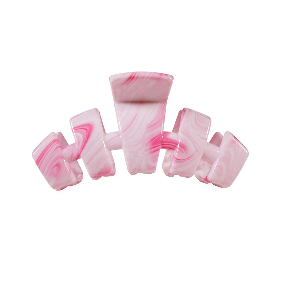 TELETIES Classic Pinch Me! Medium Claw Clip in pink with white marbling. Features bendable teeth for a secure hold.
