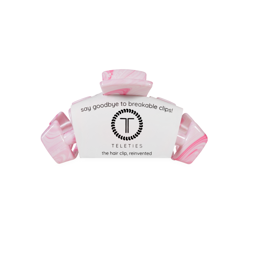 TELETIES Classic Pinch Me! Small Claw Clip in pink marble swirl design. Durable, lightweight hair clip for all hair types.
