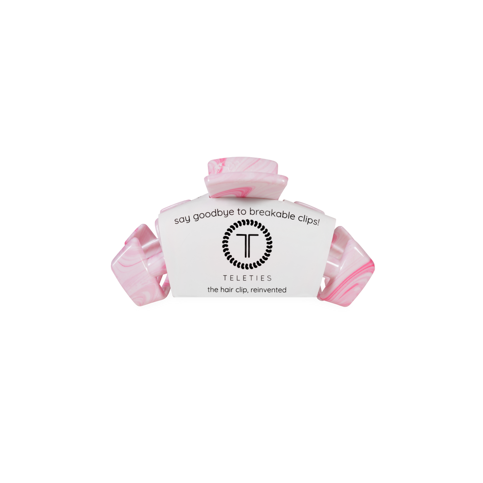 TELETIES Classic Pinch Me! Tiny Claw Clip in pink marble pattern. Features bendable teeth for a secure hold.
