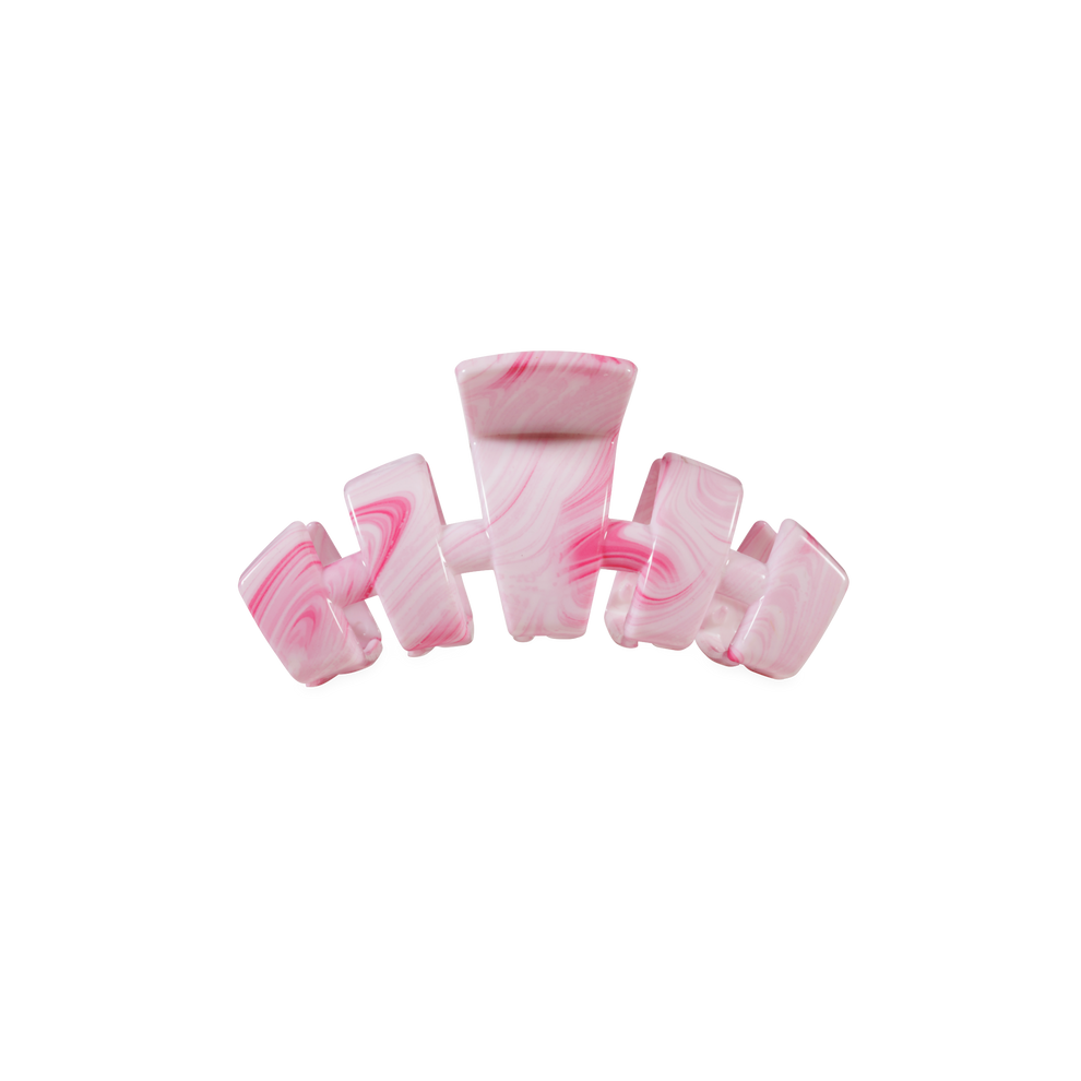 TELETIES Classic Pinch Me! Tiny Claw Clip in pink marble pattern. Features bendable teeth for a secure hold.
