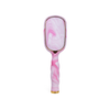 TELETIES Pinch Me! detangler hair brush for medium hair, pink and white tie-dye swirl pattern, ergonomic twisted handle, gold accent.
