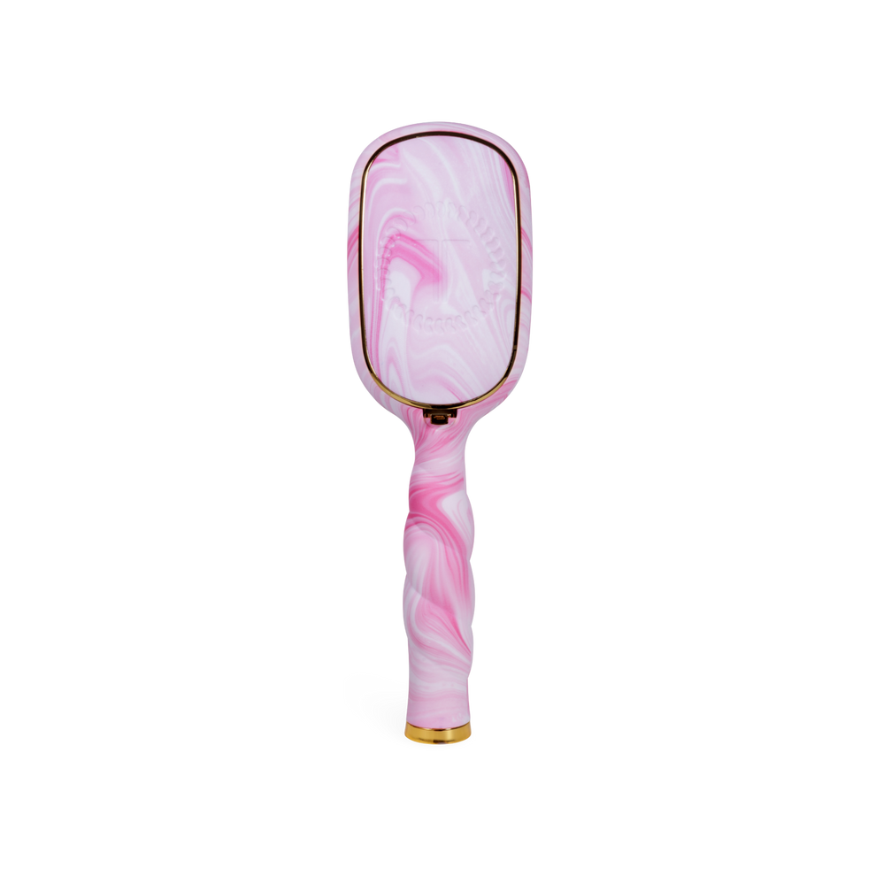 TELETIES Pinch Me! detangler hair brush for medium hair, pink and white tie-dye swirl pattern, ergonomic twisted handle, gold accent.

