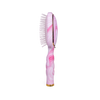 TELETIES pink and white tie-dye detangler hair brush with gold trim and white bristles. Ergonomic handle.
