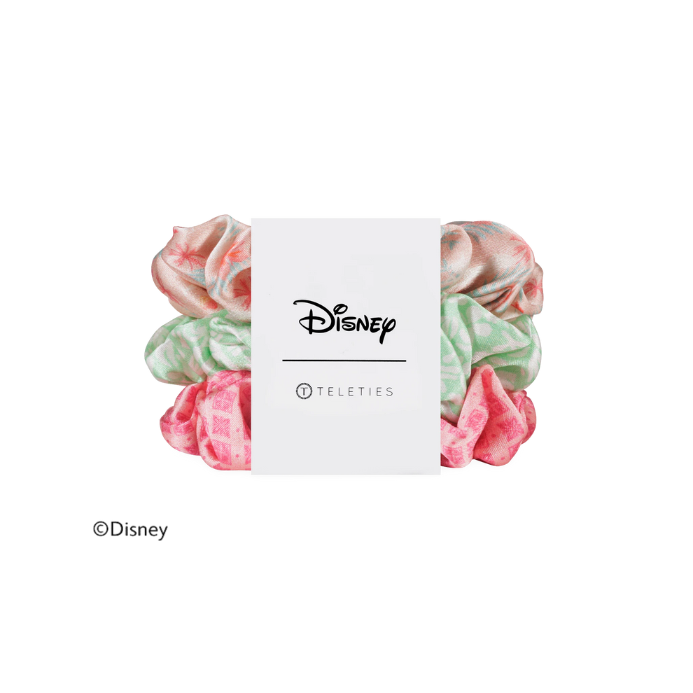 TELETIES Disney Princess Moana large silk scrunchies in pink and green with non-slip coil technology in a three-pack
