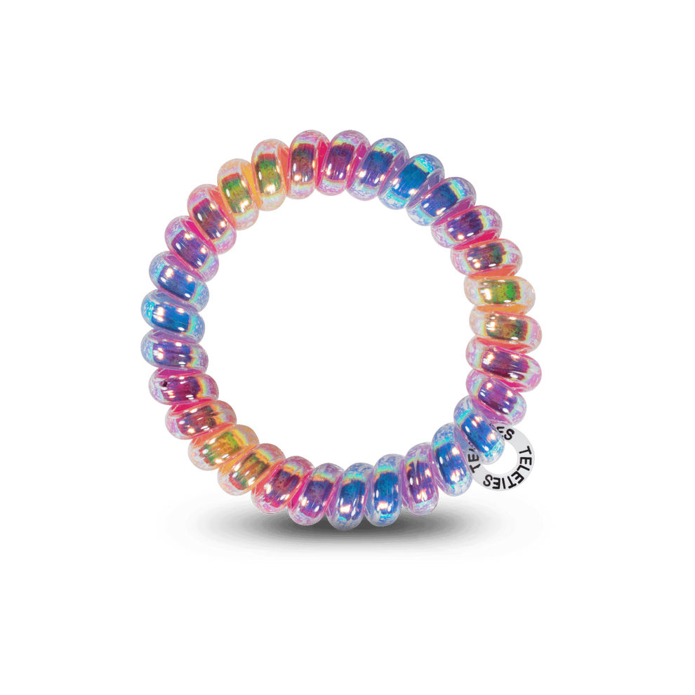 TELETIES Eat Glitter for Breakfast large multicolor spiral hair ties, gentle on hair and doubles as a bracelet.
