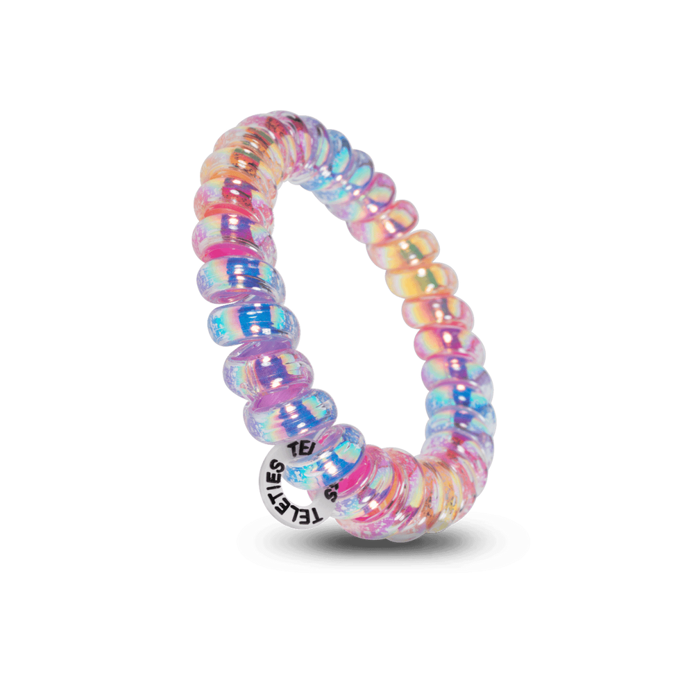 TELETIES "Eat Glitter for Breakfast" large multicolor coil hair ties, gentle on hair and doubles as a bracelet.
